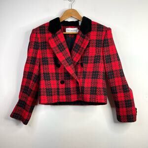Vintage 90s Red Plaid Wool Blend Velvet Short Blazer Jacket preppy womens 10